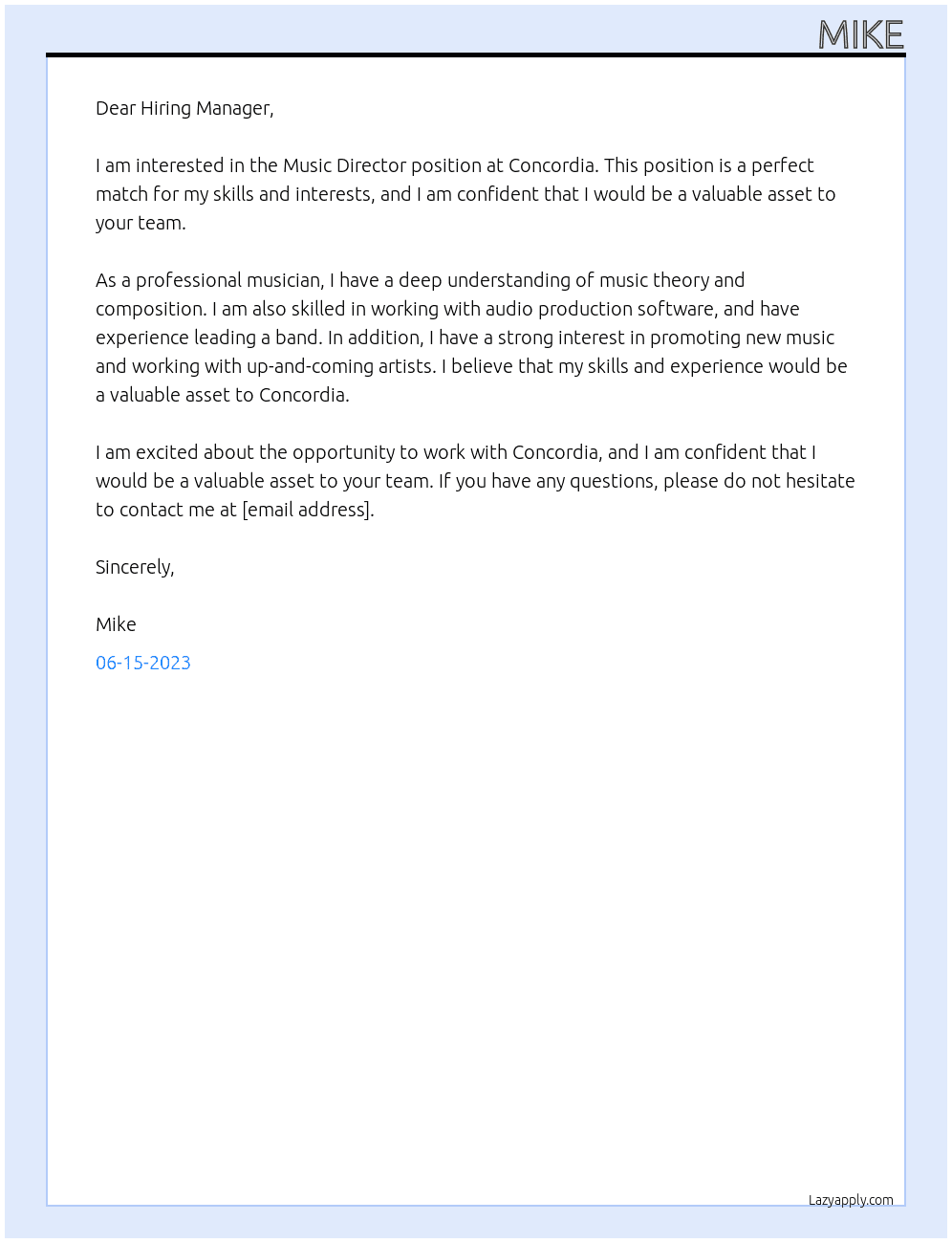 Music Director At Concordia Cover Letter