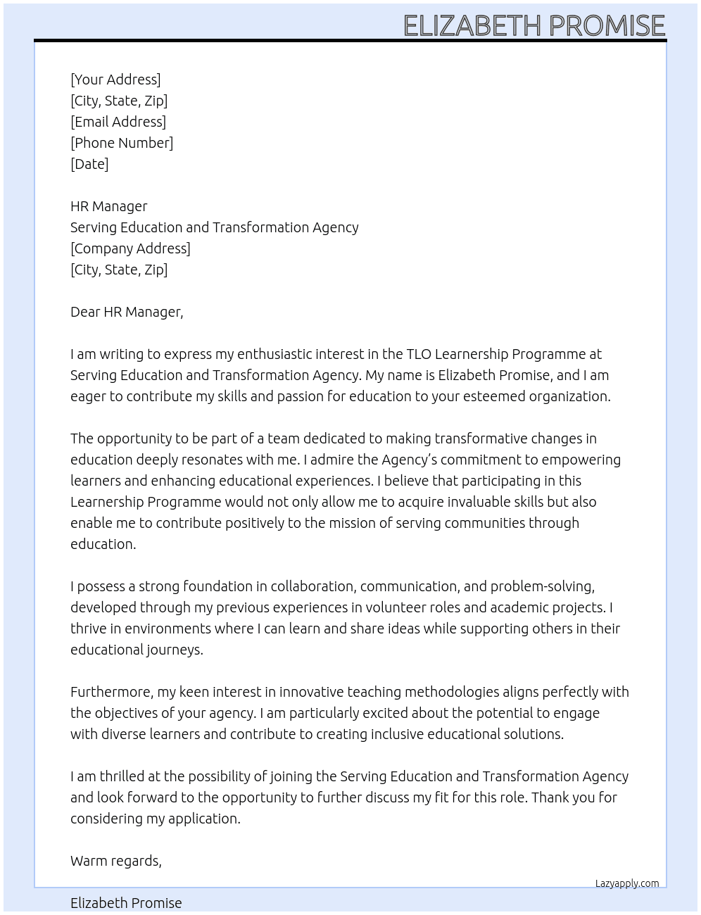 TLO Learnership programme  At Serving Education and Transformation Agency Cover Letter