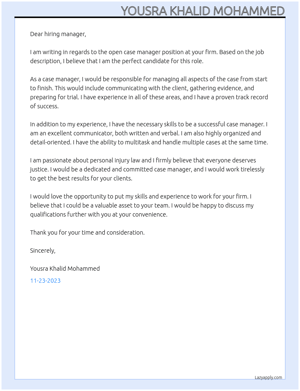 Case manager At California Personal Injury Law Firm Cover Letter