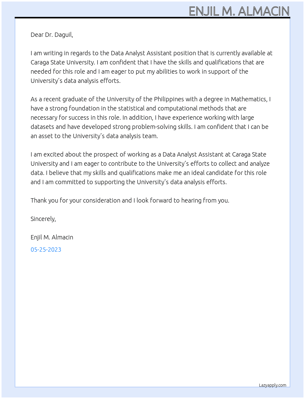 Data Analyst Asisstant At Caraga State University Cover Letter