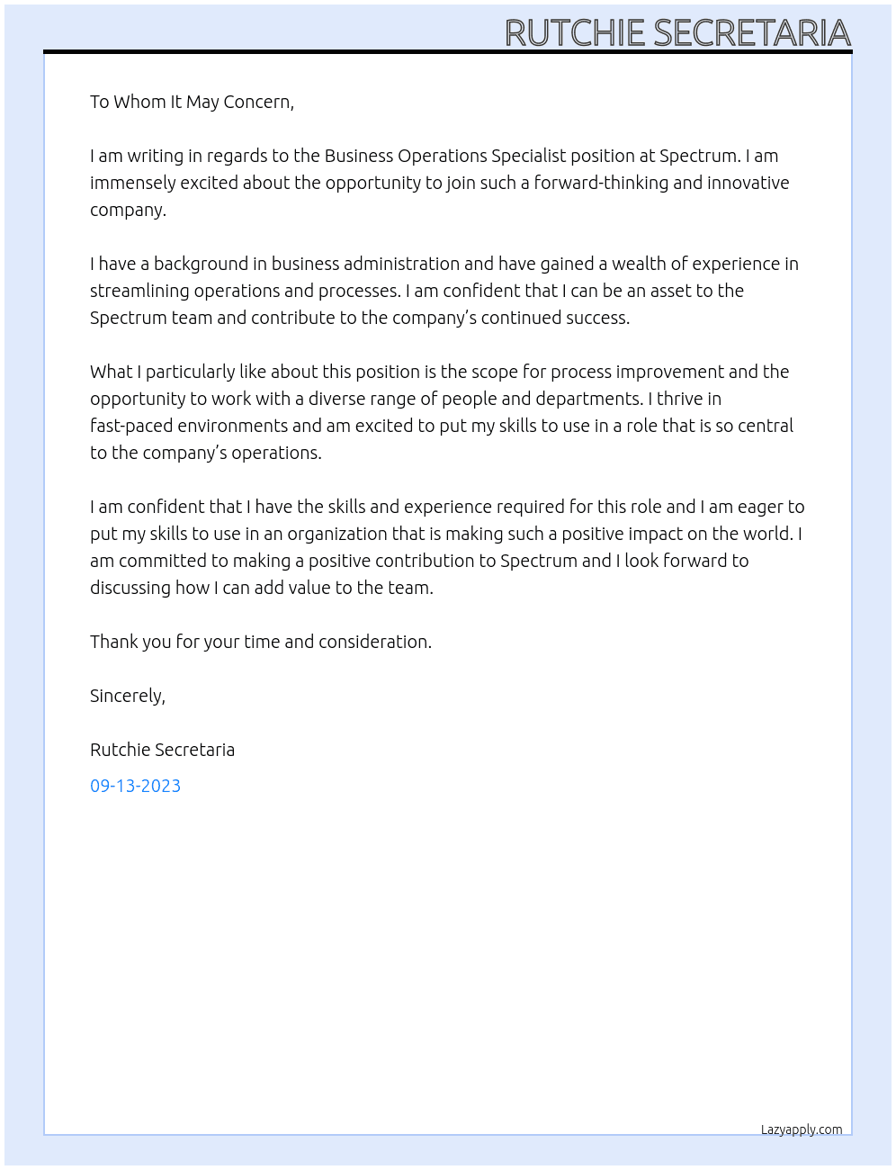 Business Operations Specialist At Spectrum Cover Letter