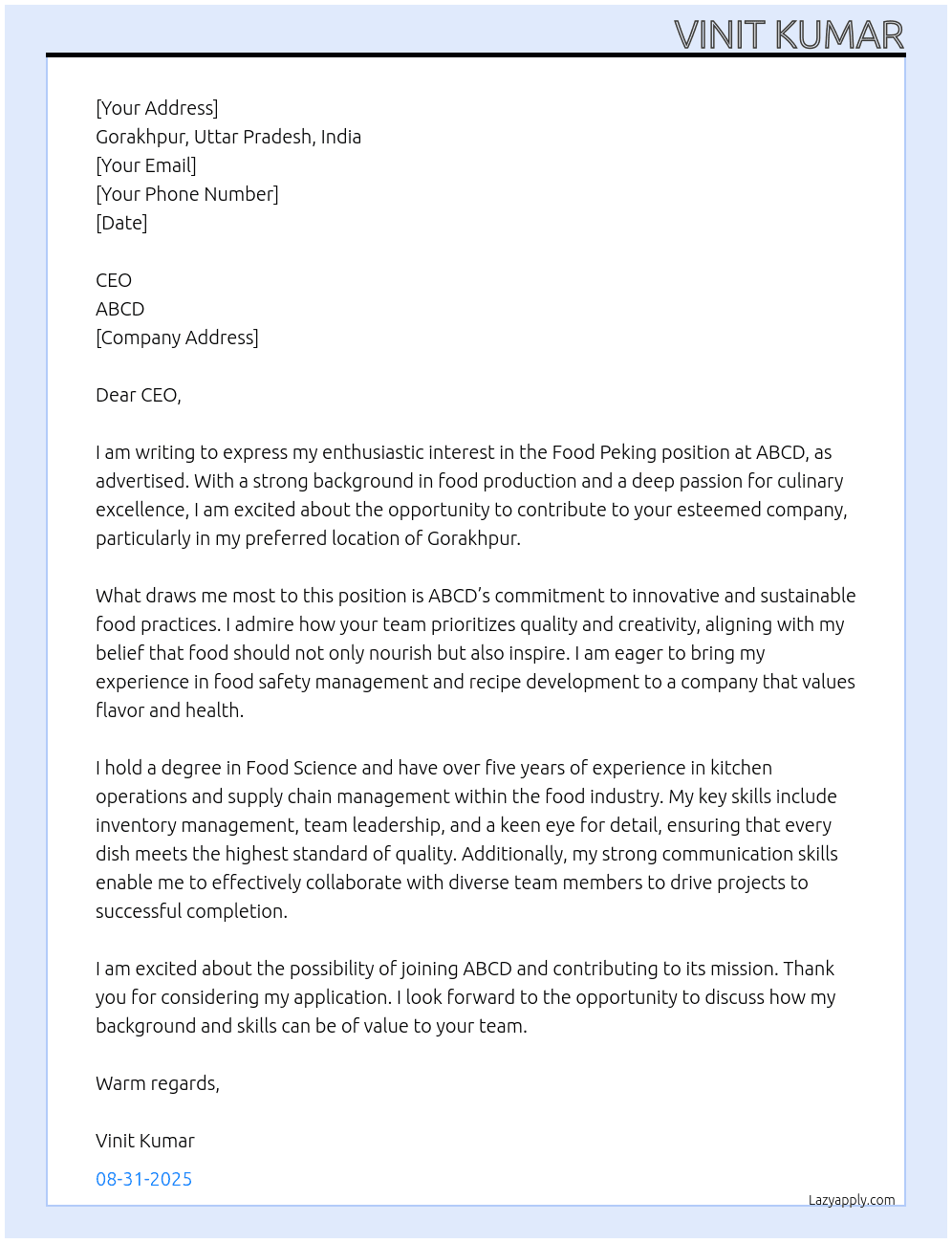 Cover letter for food peking - LazyApply
