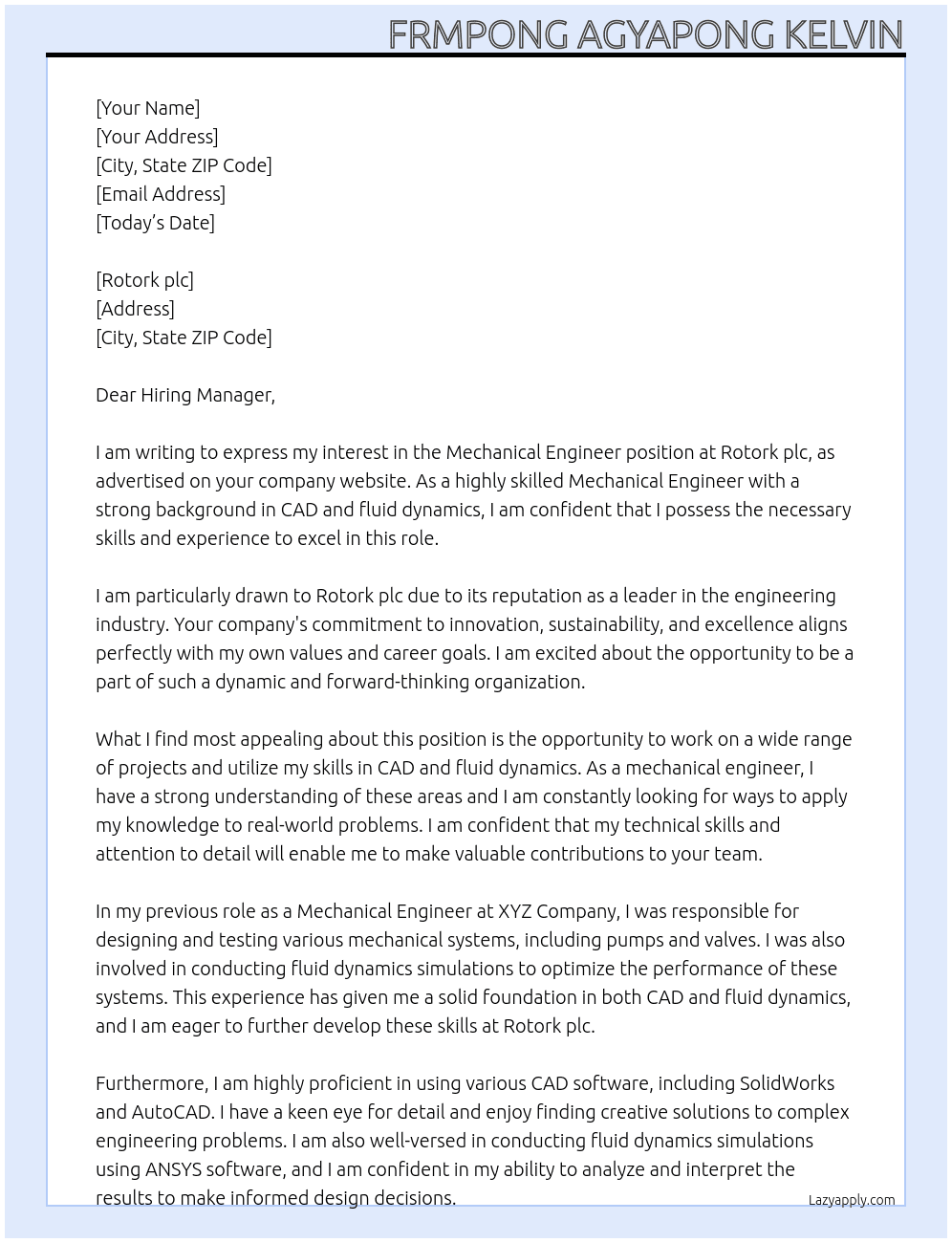 Mechanical Engineer At rotork plc Cover Letter