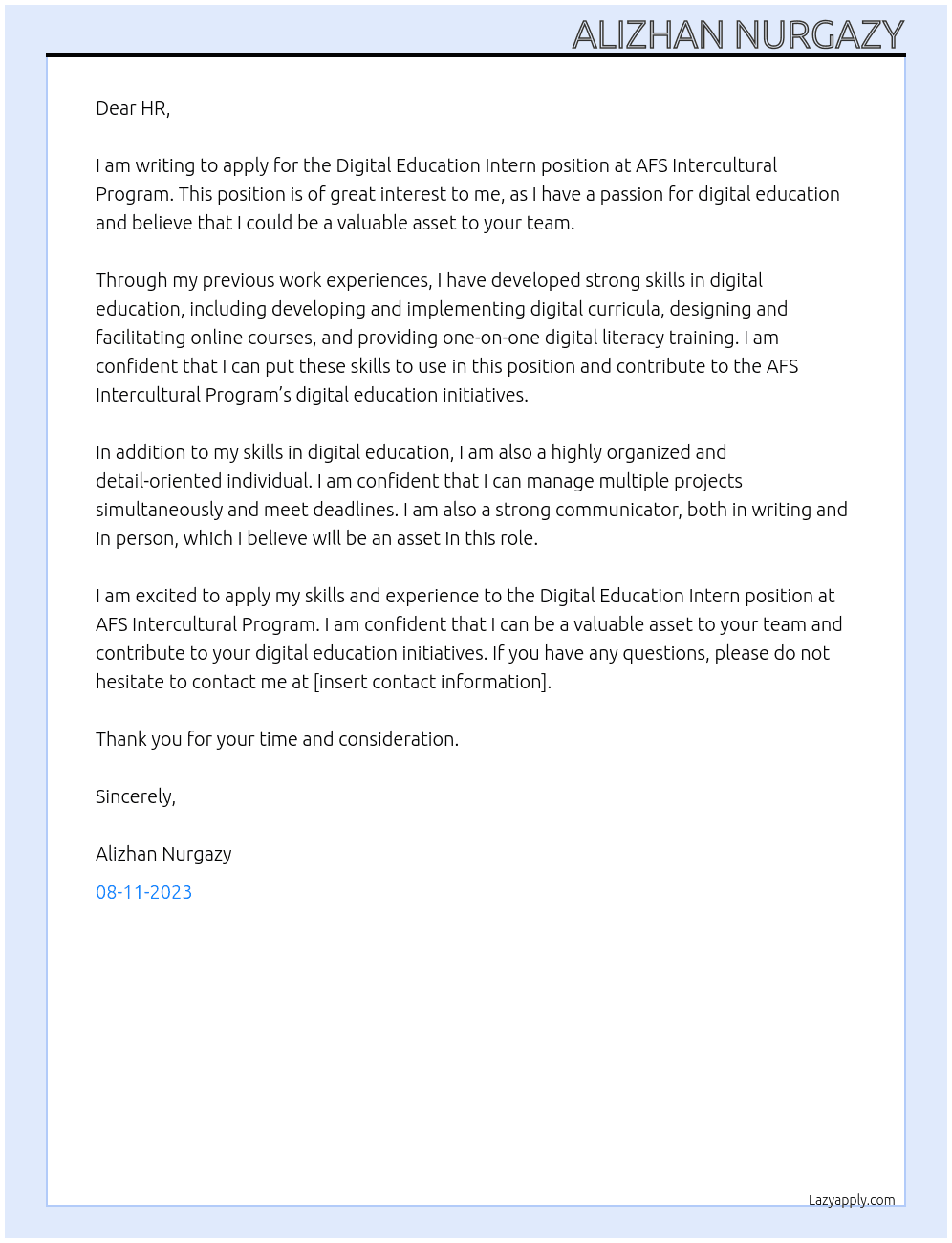 Digital Education Intern At AFS Intercultural Program Cover Letter