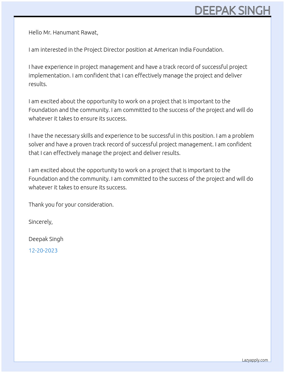 Project Director  At American India foundation  Cover Letter