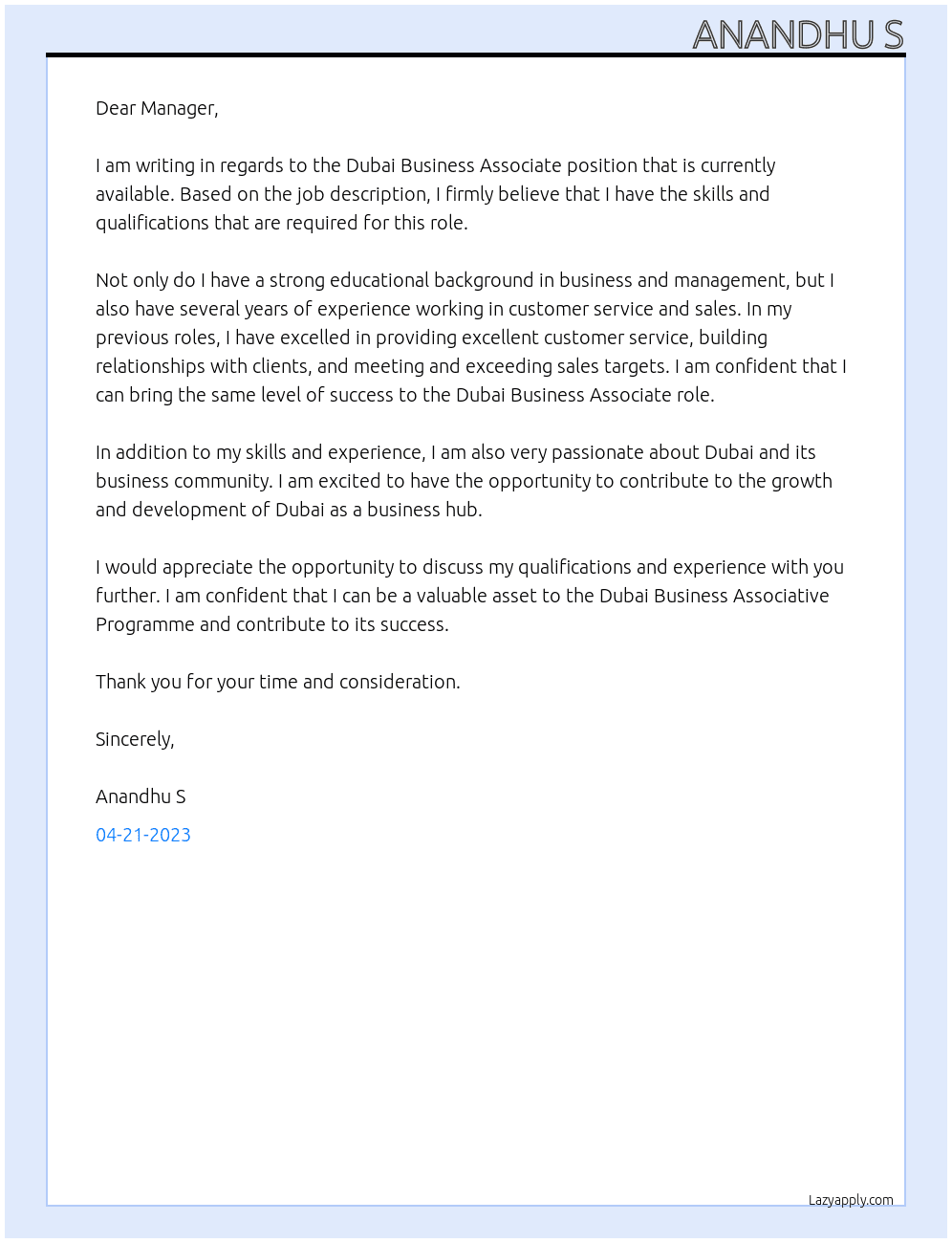Dubai Business Associate At Dubai Business Associative Programme Cover Letter