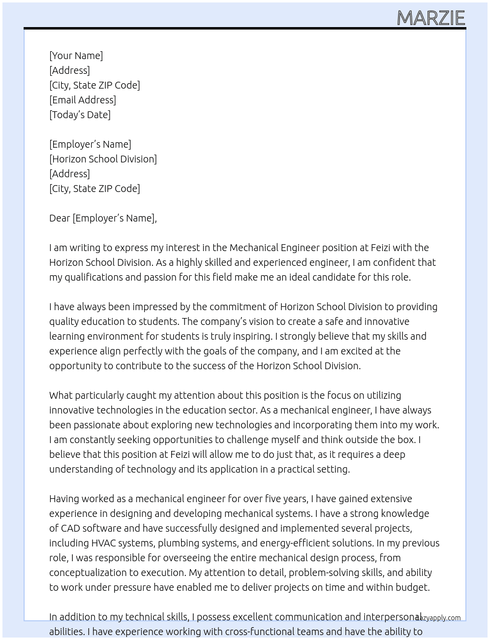 mechanical engineer At FEIZI Cover Letter