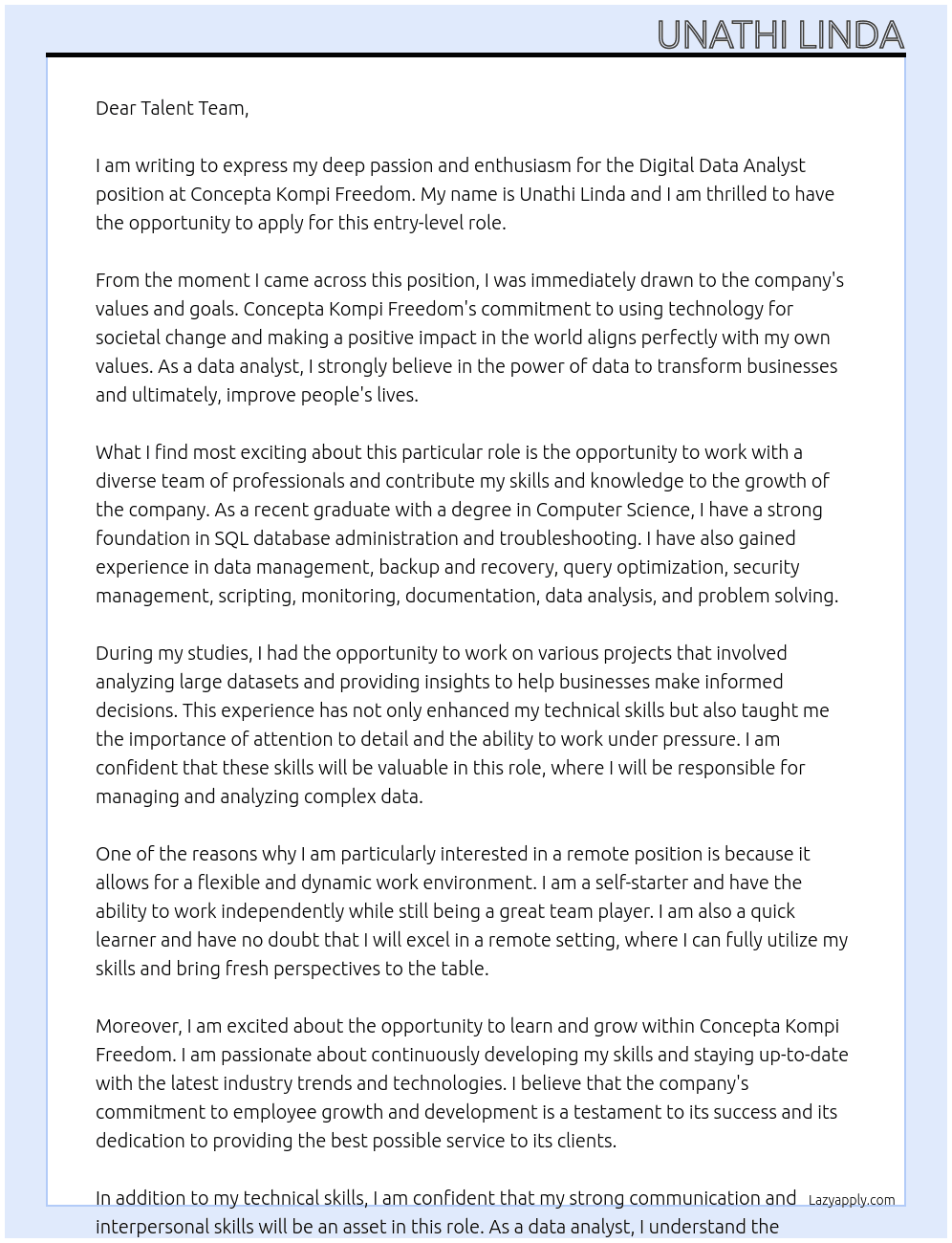 Digital Data Analyst At Concepta Kompi Freedom Cover Letter