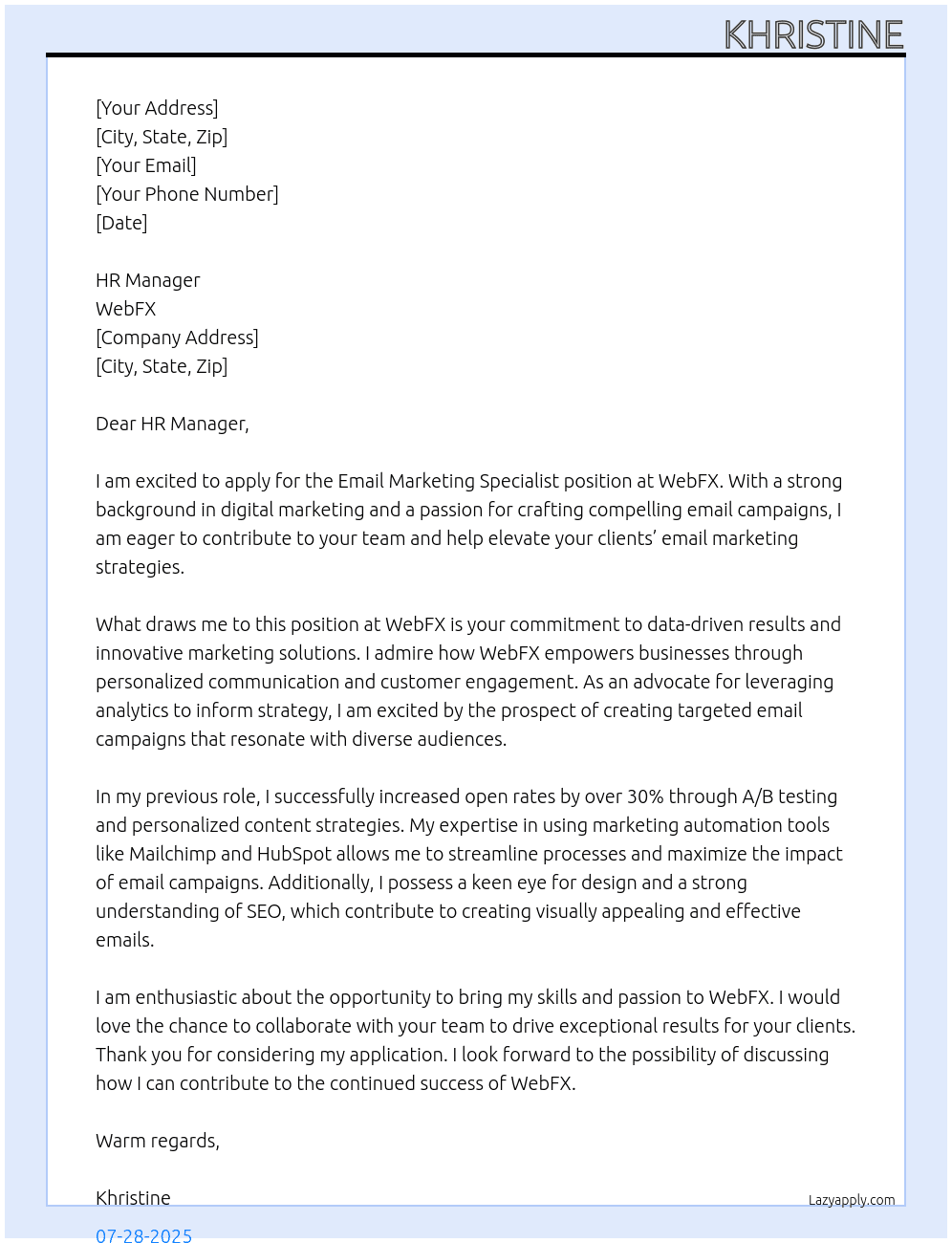 Cover letter for email marketing specialist - LazyApply