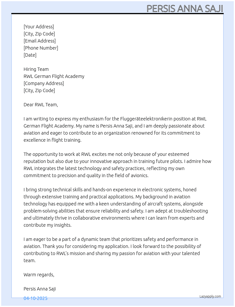 Cover letter for fluggeräteelektronikerin - LazyApply