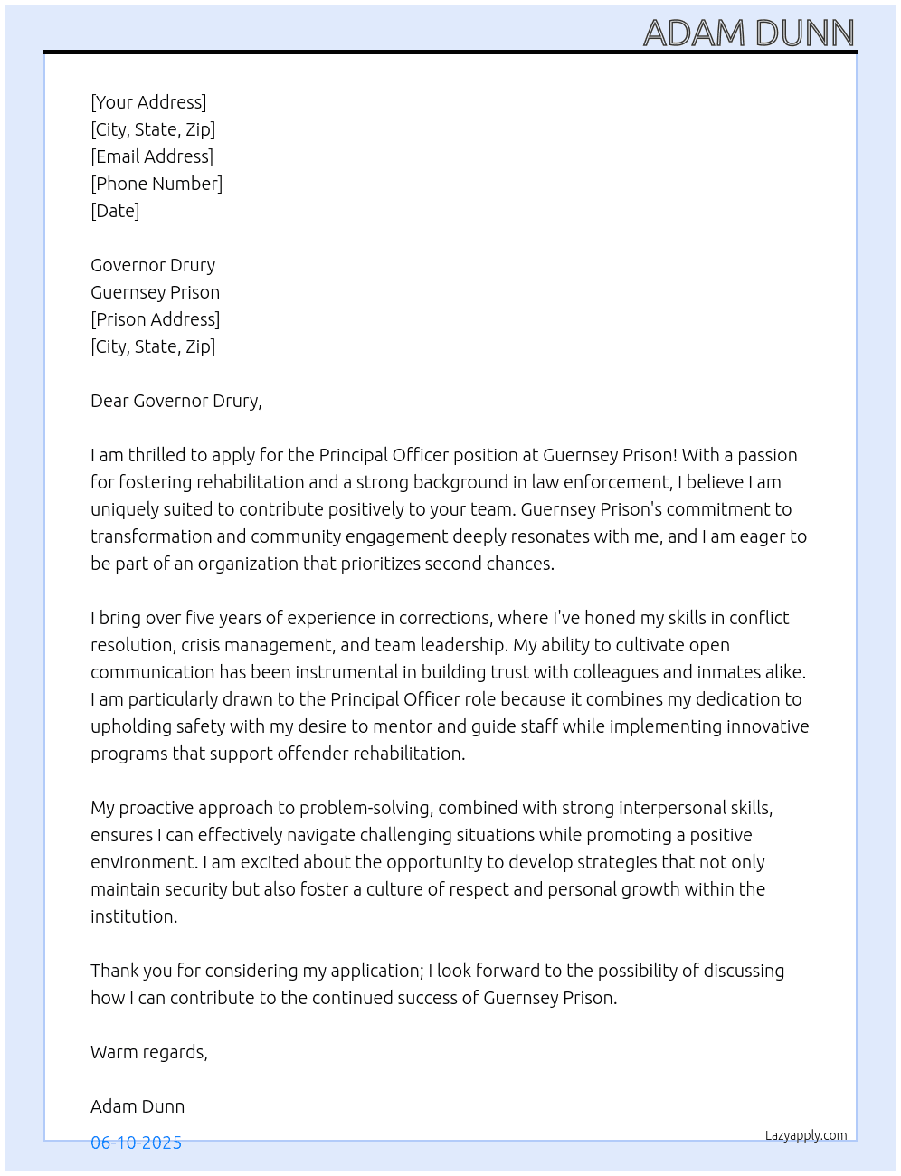 Principle Officer At Guernsey Prison Cover Letter