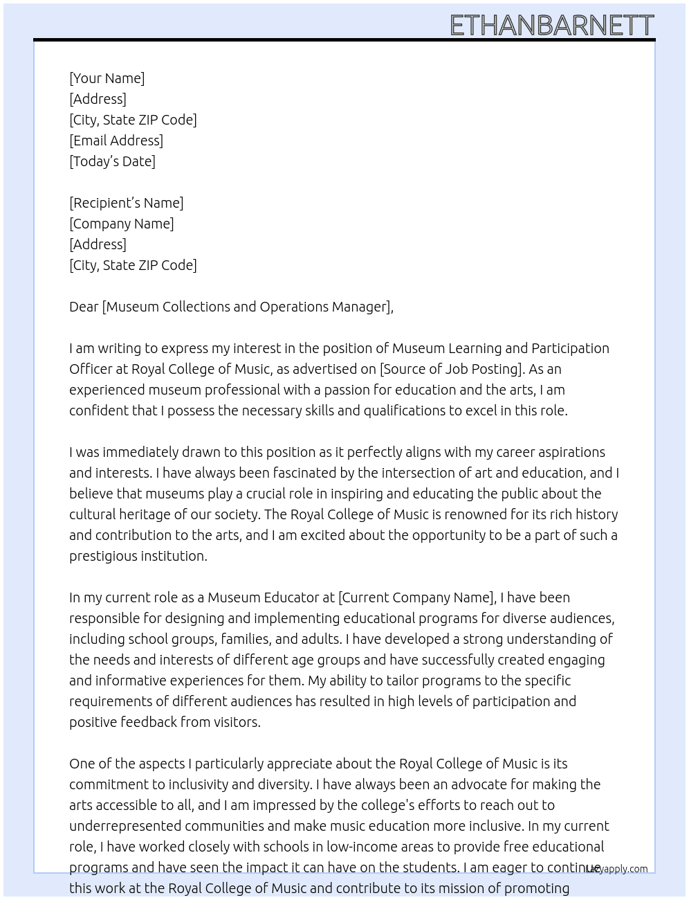 Musuem Learning and participation officer At Royal College of Music Cover Letter