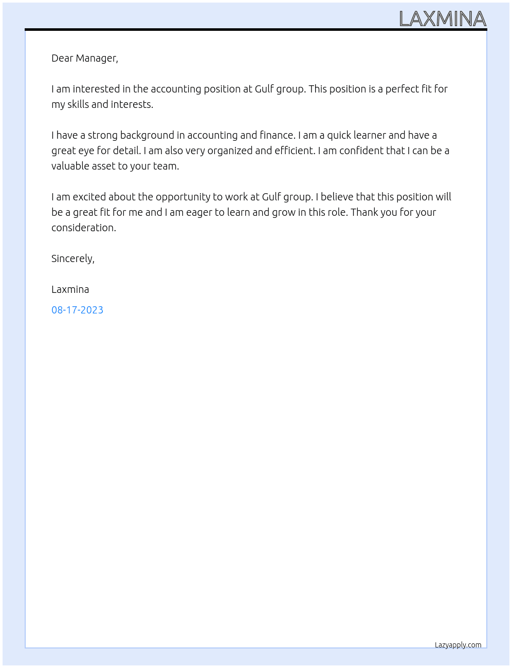 Accounting  At Gulf group  Cover Letter