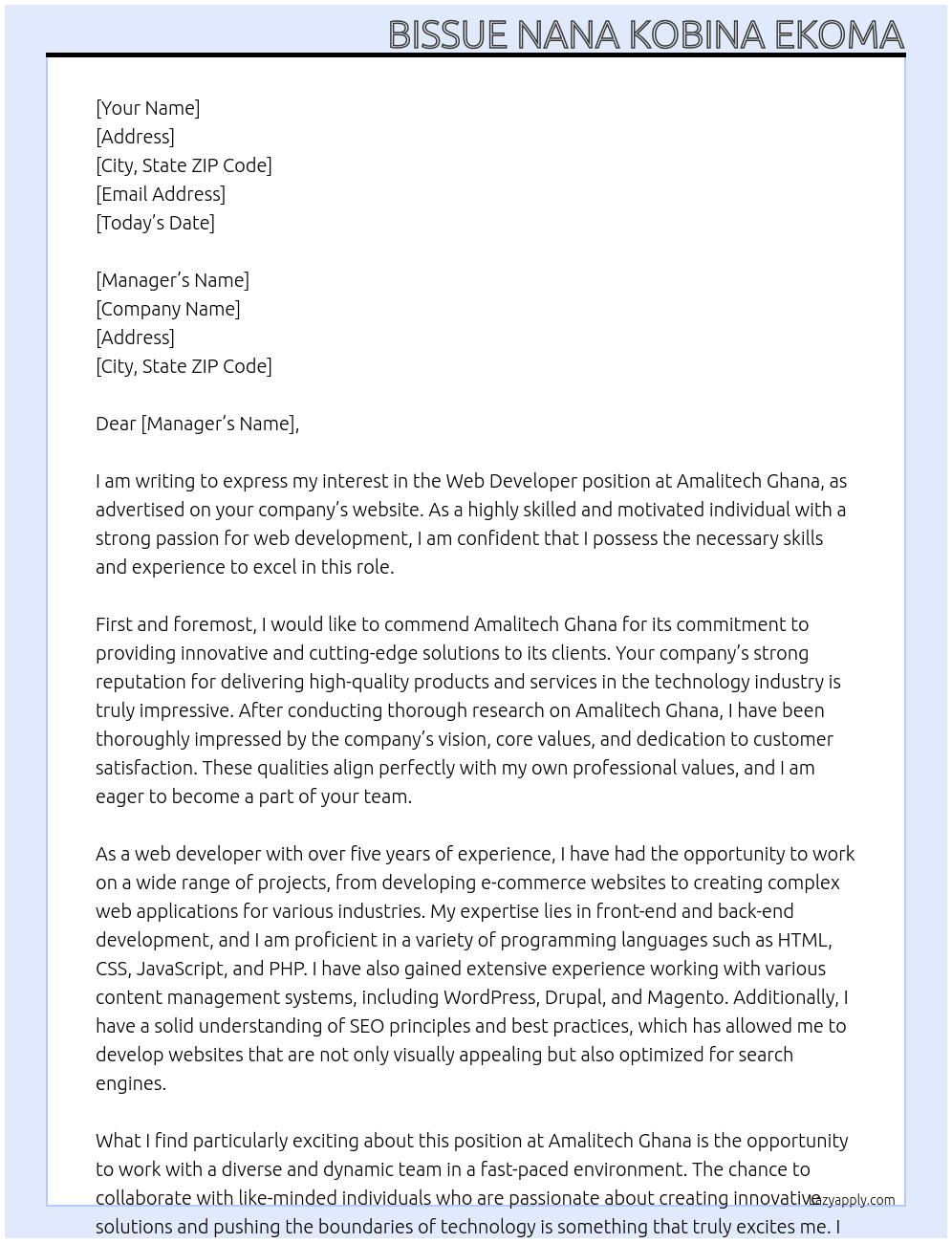 Web Developer At Amalitech Ghana Cover Letter