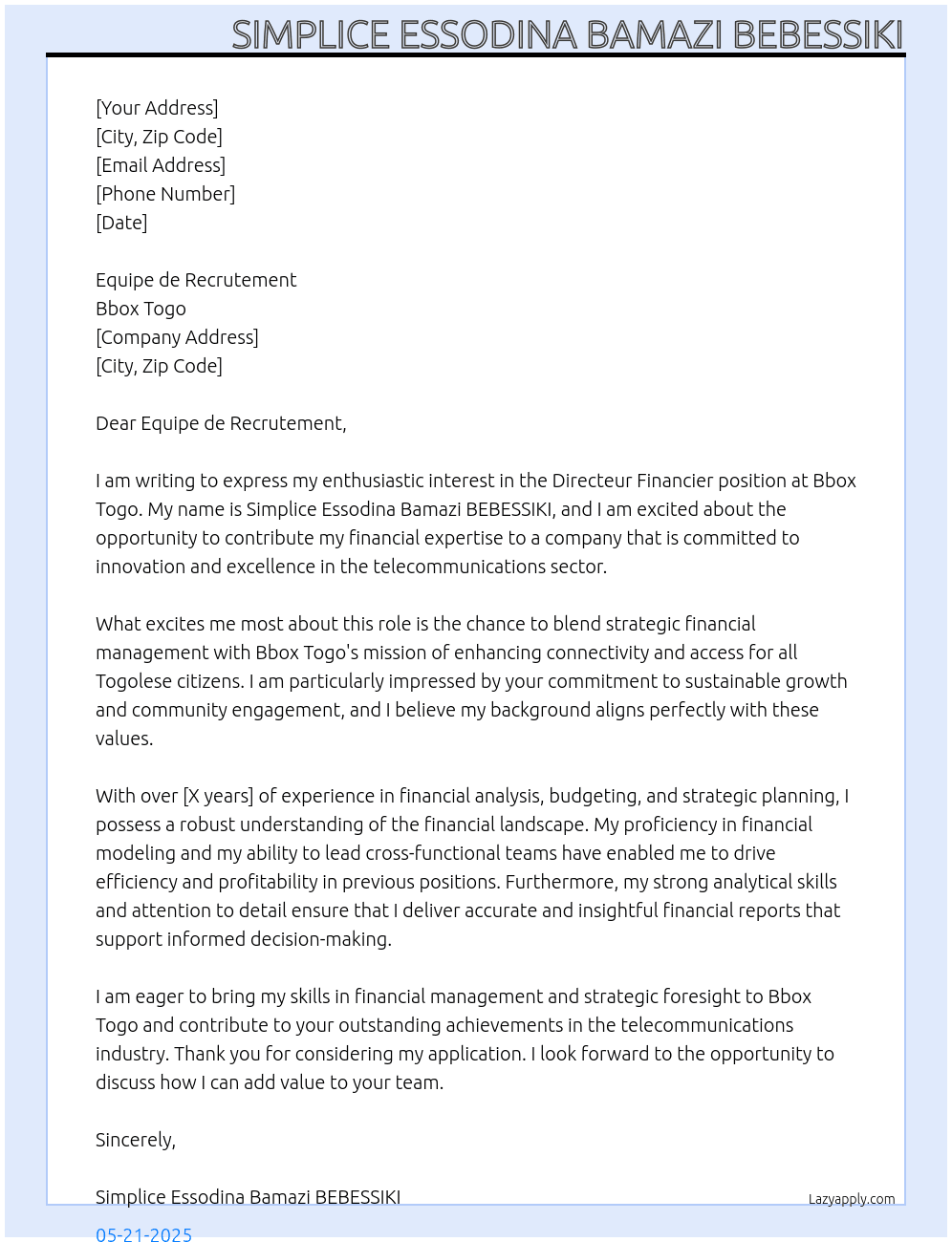 Directeur Financier  At Bbox Togo Cover Letter