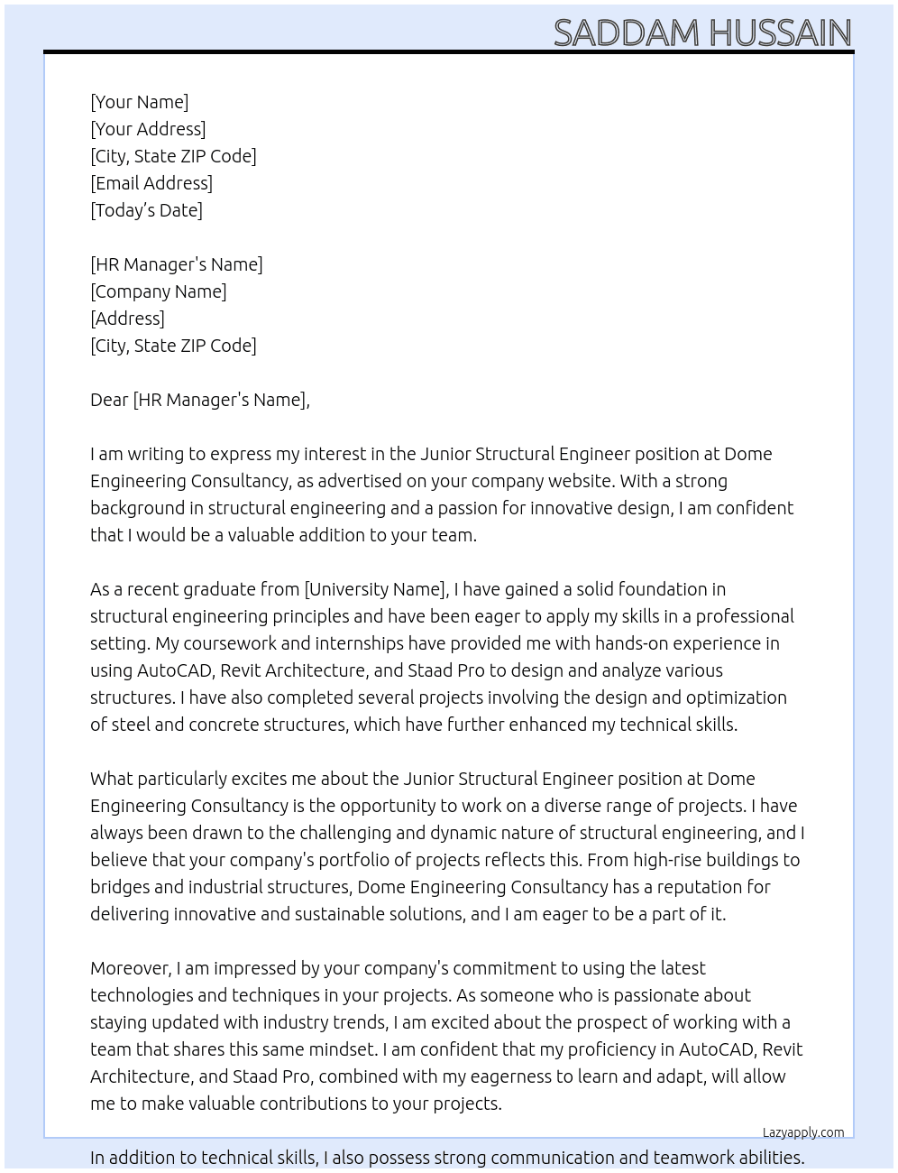 Junior Structural Engineer At Dome Engineering Consultancy Cover Letter