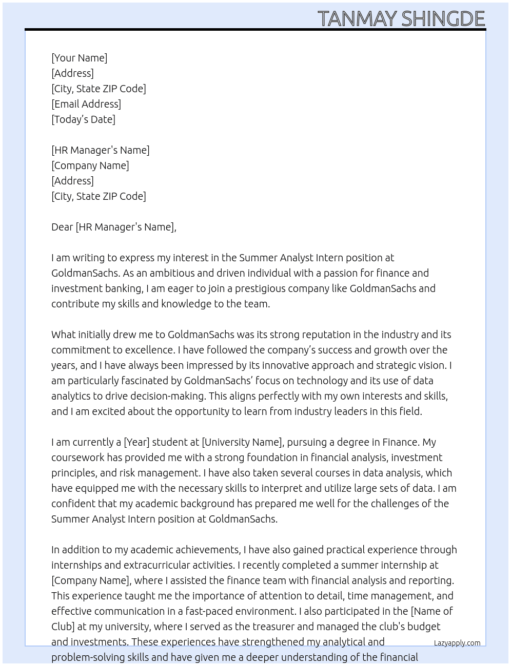 Summer Analyst Intern At GoldmanSachs Cover Letter