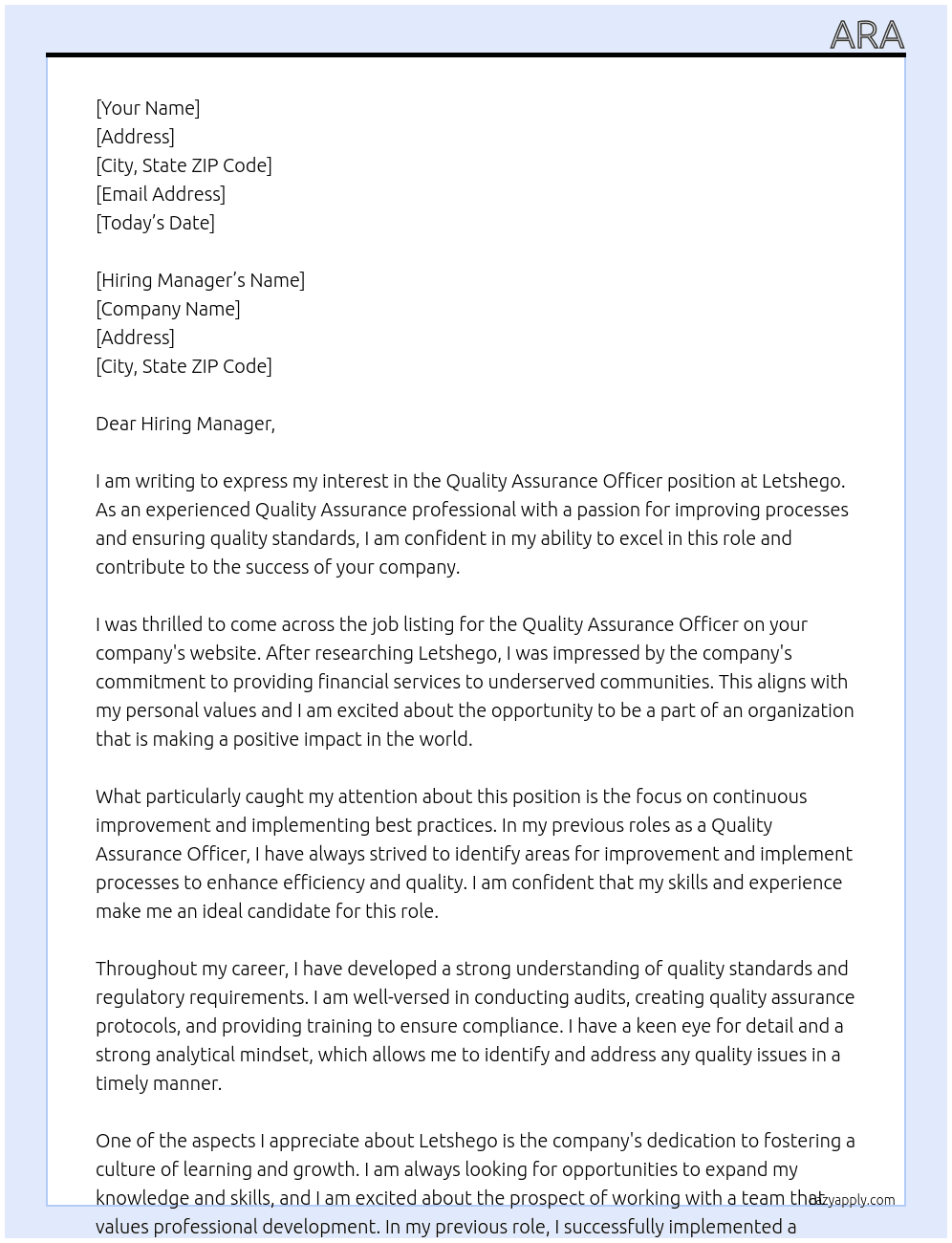 Quality Assurance Officer At Letshego Cover Letter