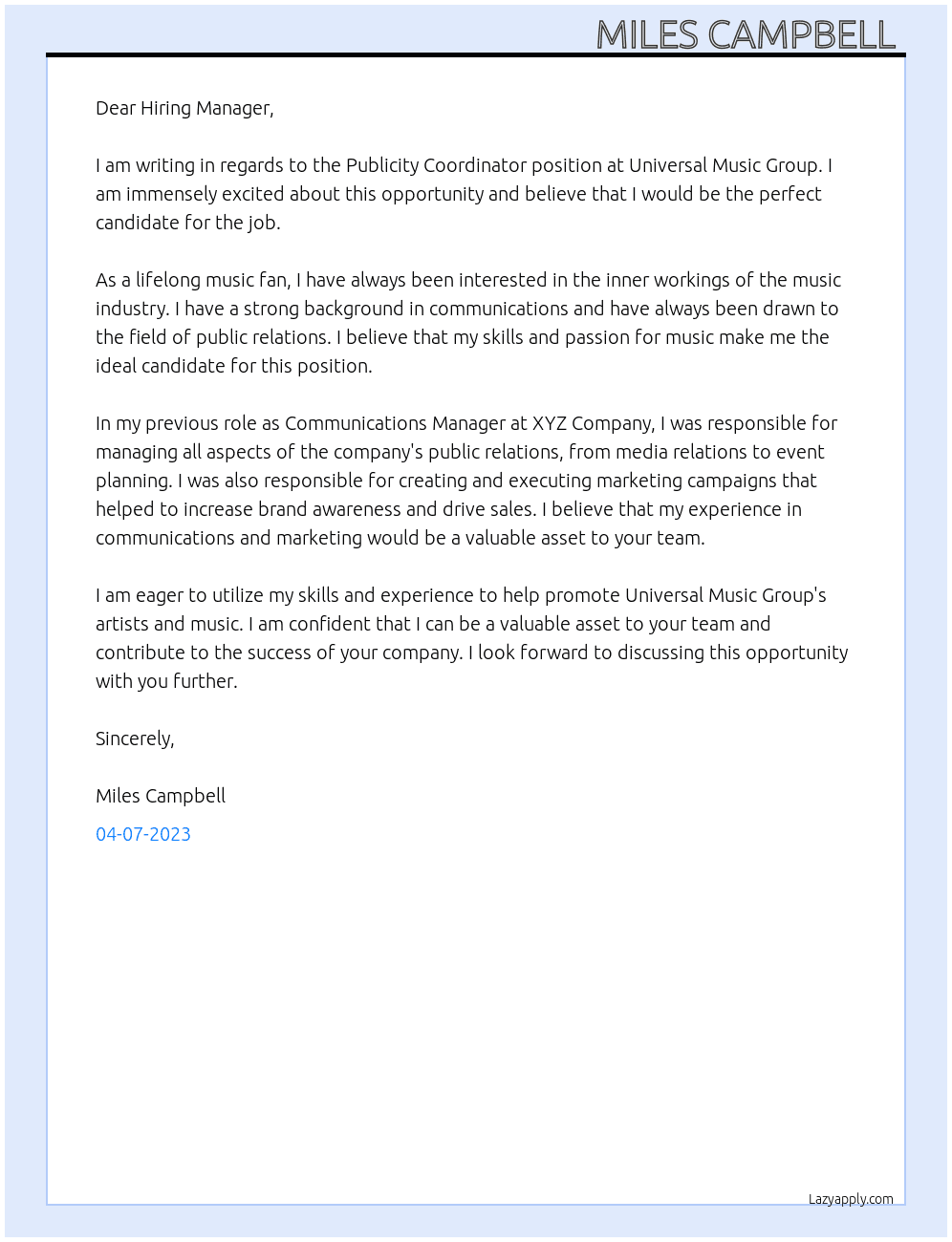 Publicity Coordinator  At Universal Music Group Cover Letter