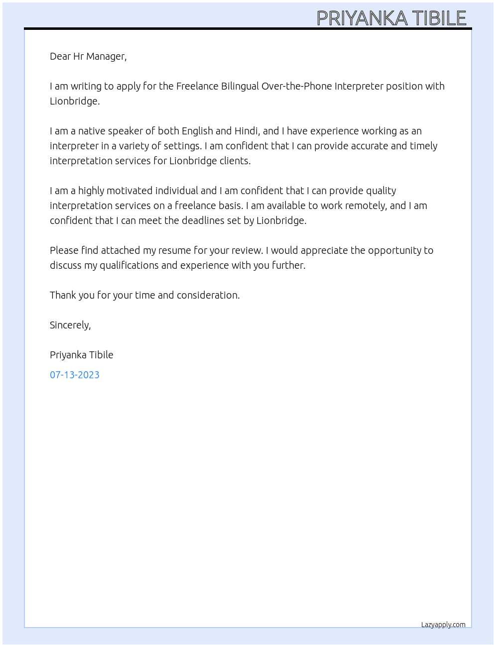 Freelance Bilingual Over-the-Phone Interpreter At Lionbridge Cover Letter