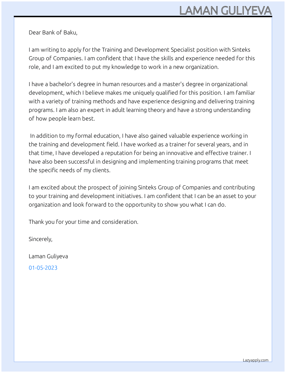 Training and Development Specialist At Sinteks Group of Companies Cover Letter