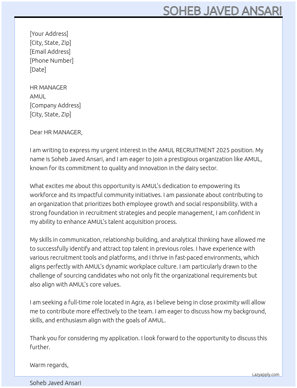 AMUL RECRUITMENT 2025 At AMUL Cover Letter