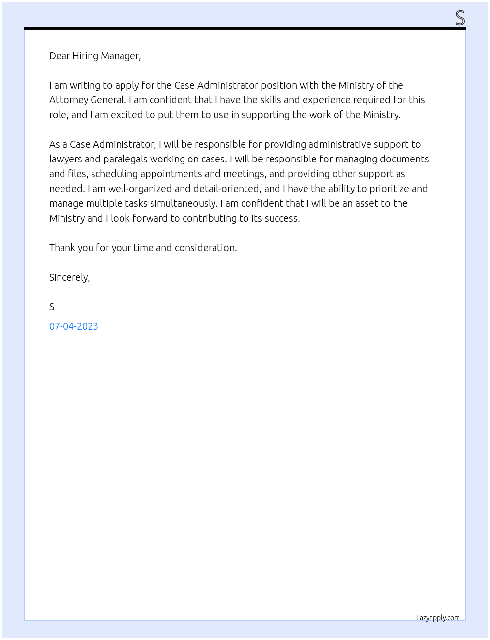 Case Administrator At Ministry of the Attorney General Cover Letter