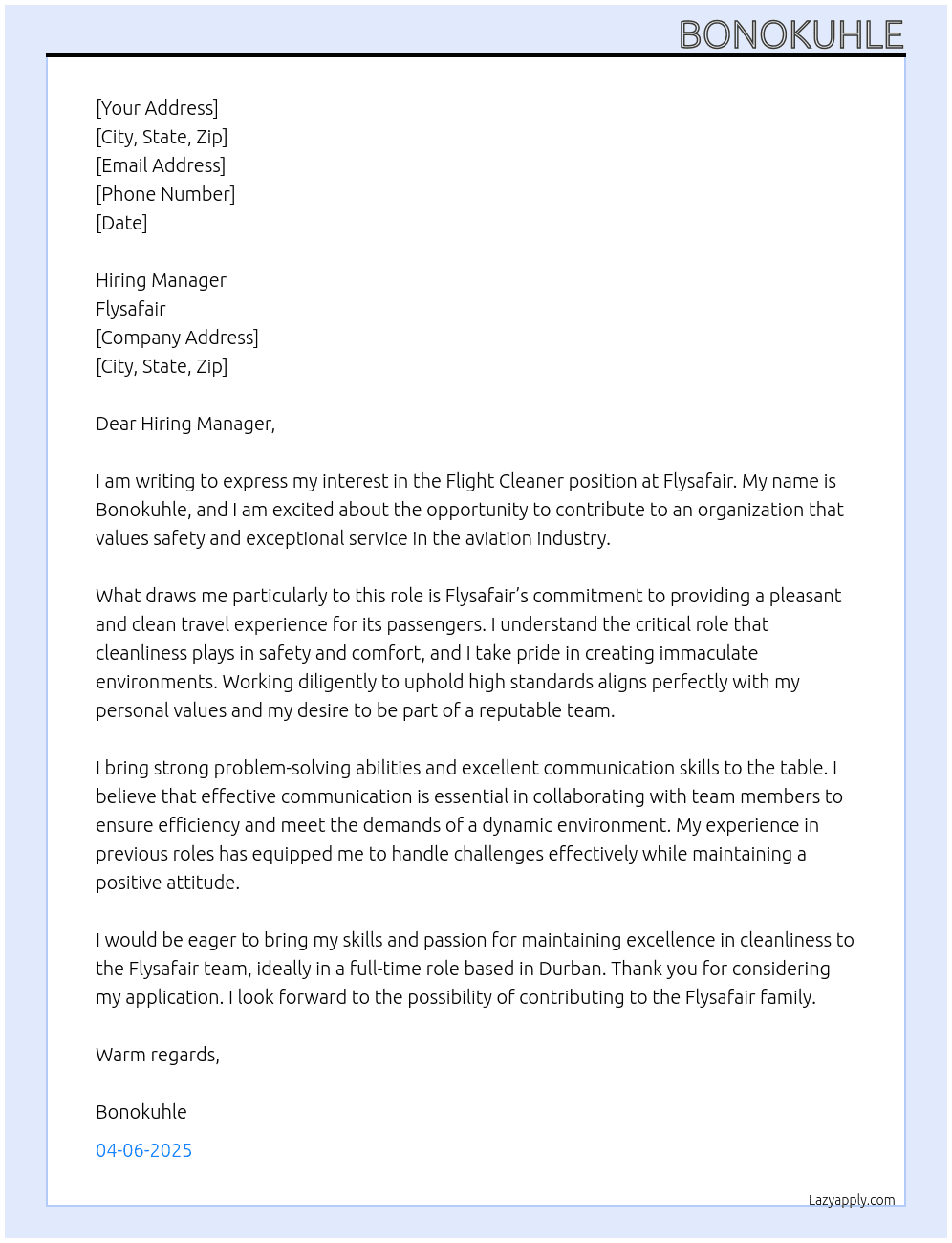 Flight cleaner At Flysafair Cover Letter