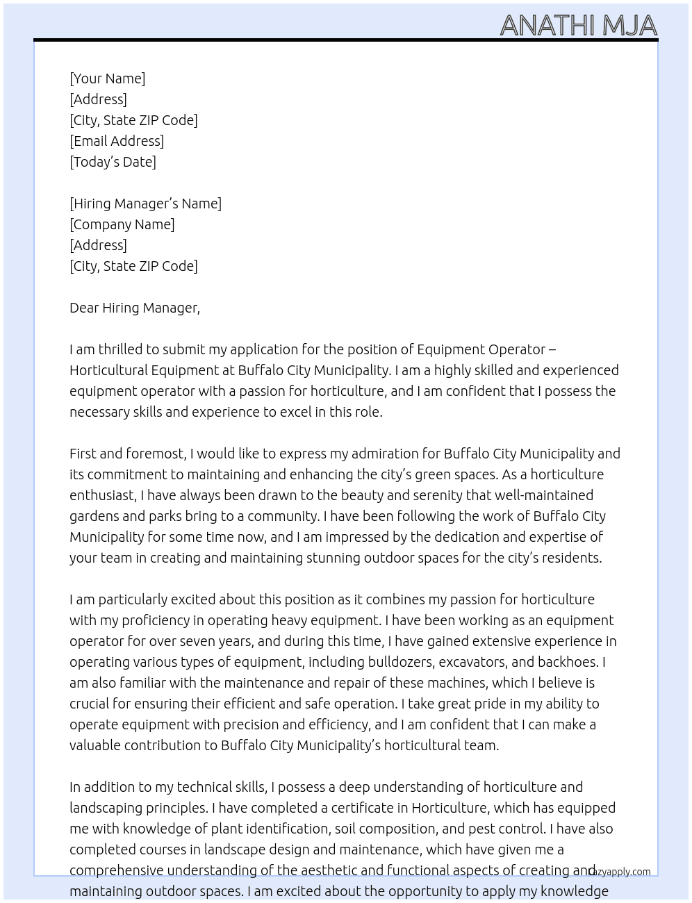 Equipment Operator - Horticultural Equipment At Buffalo City Municipality Cover Letter