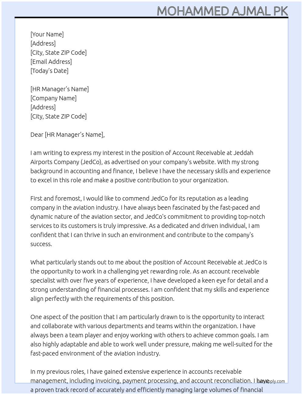 Account receivable At Jeddah Airports Company - JedCo Cover Letter