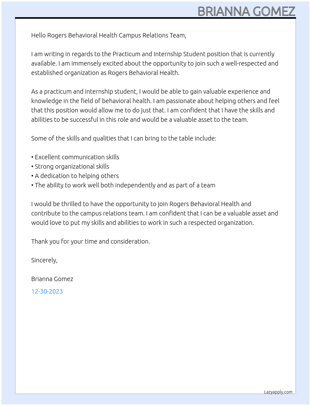 Practicum and Internship Student At Rogers Behavioral Health Cover Letter
