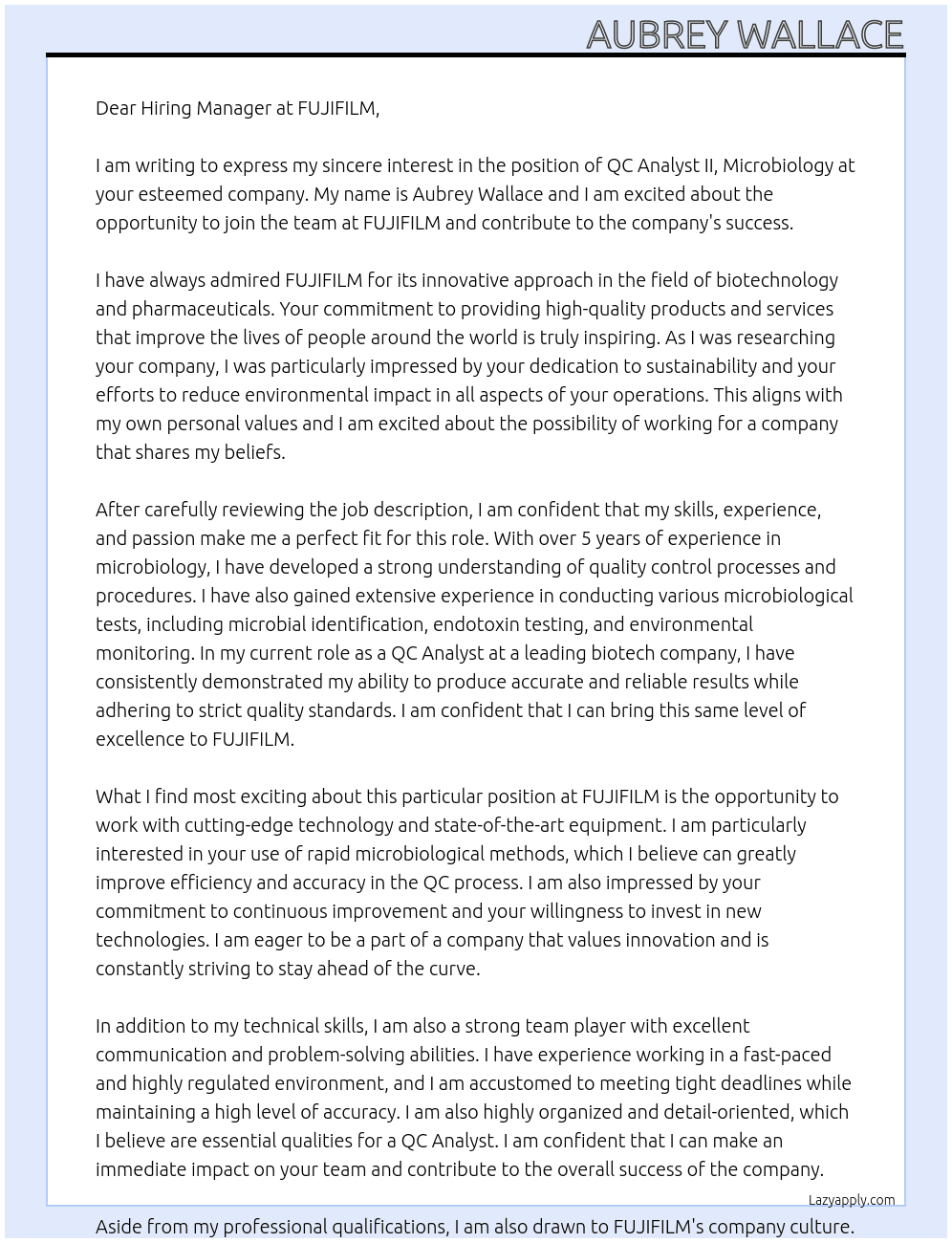 Cover letter for qc analyst ii, microbiology - LazyApply