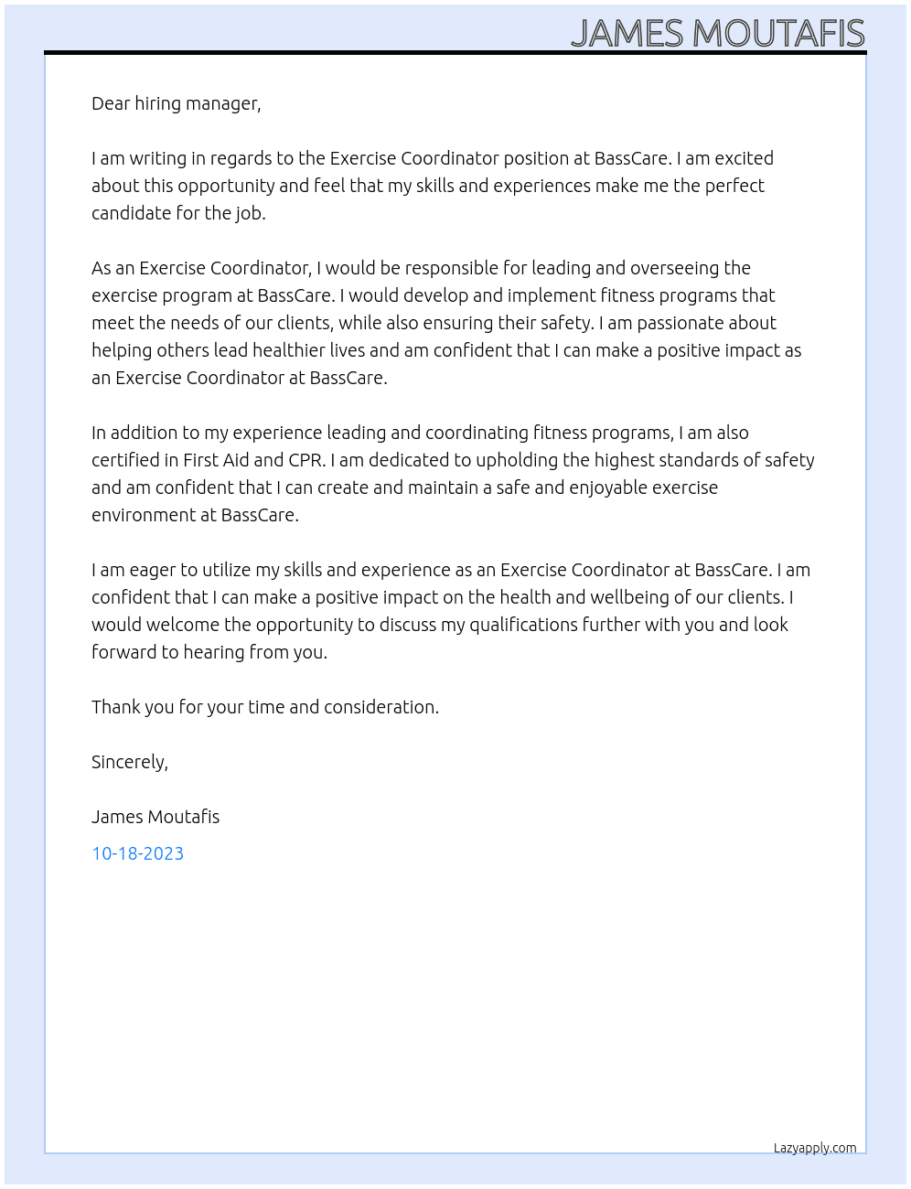 Exercise Coordinator At BassCare Cover Letter