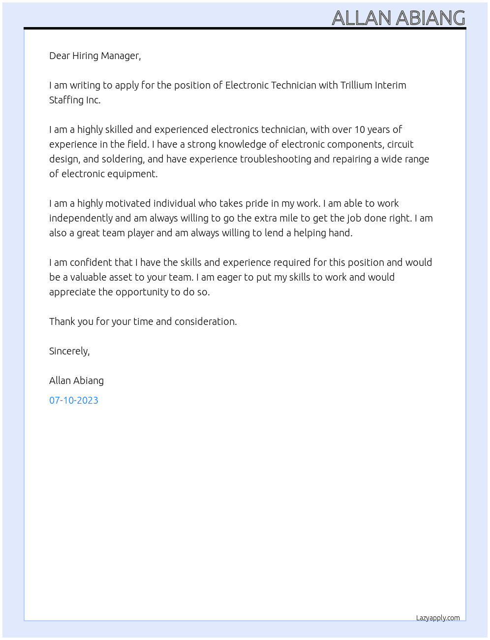 Electronic Technician At Trillium Interim Staffing Inc Cover Letter