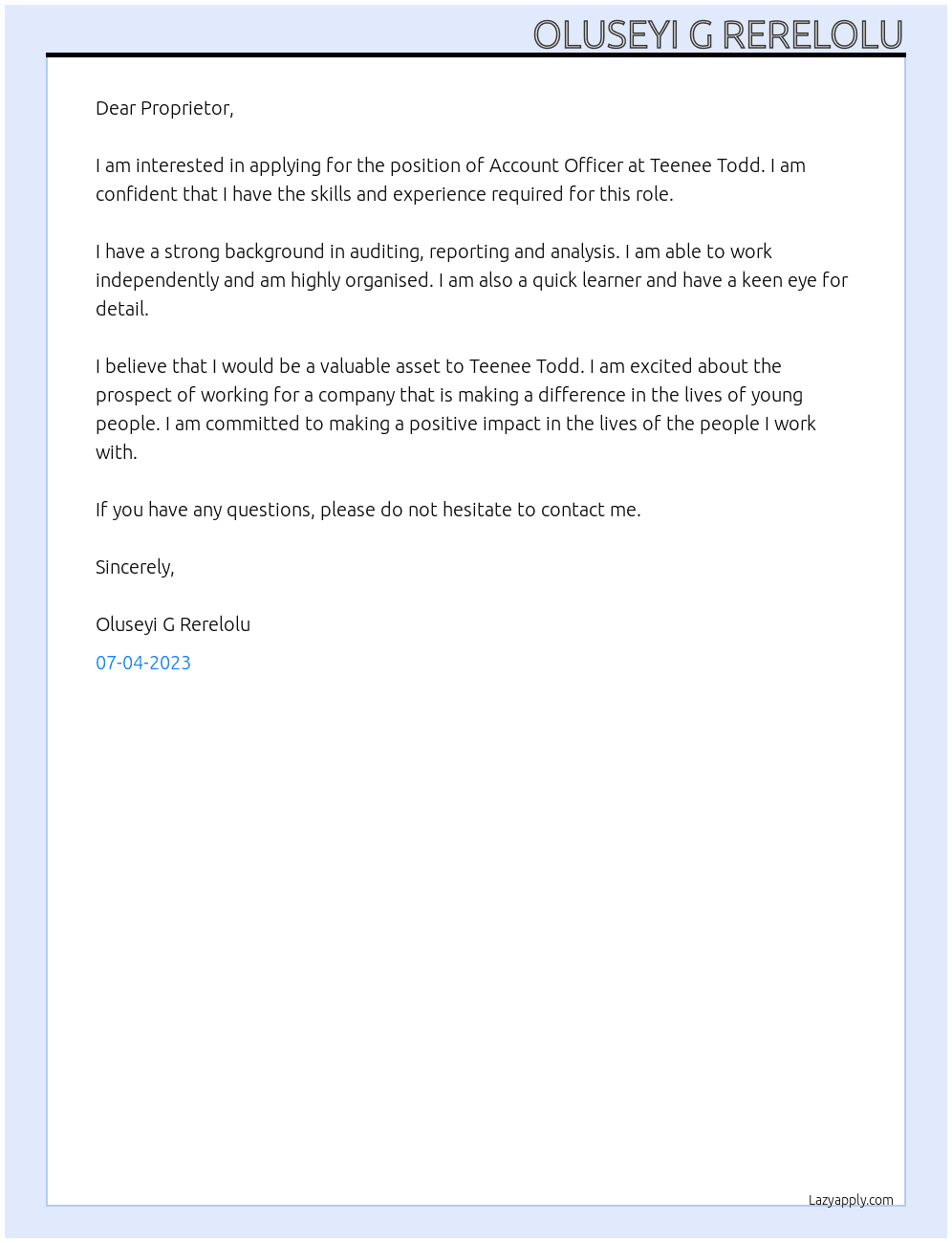 Account officer At Teenee Todd Cover Letter