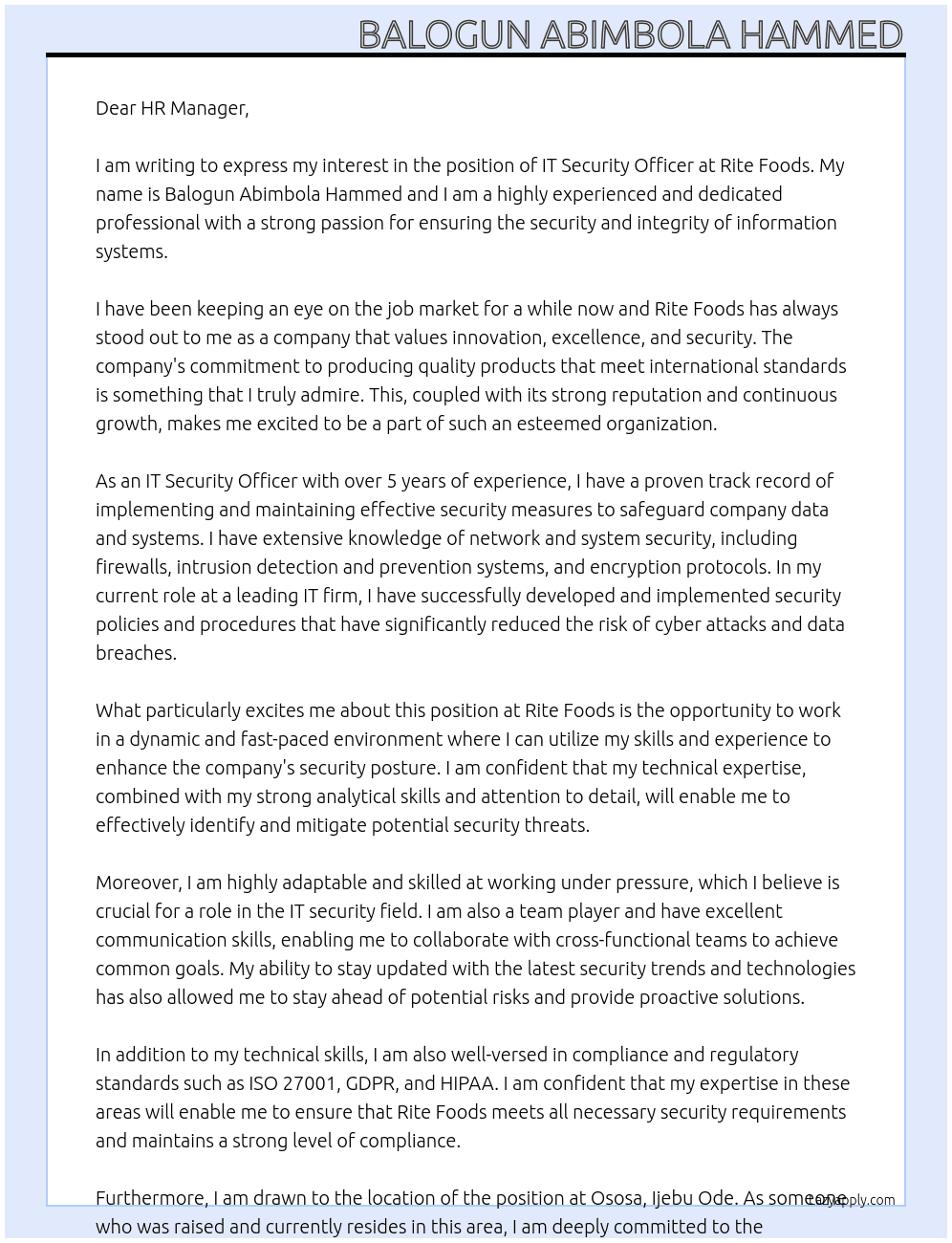 It security Officer  At Rite foods Cover Letter