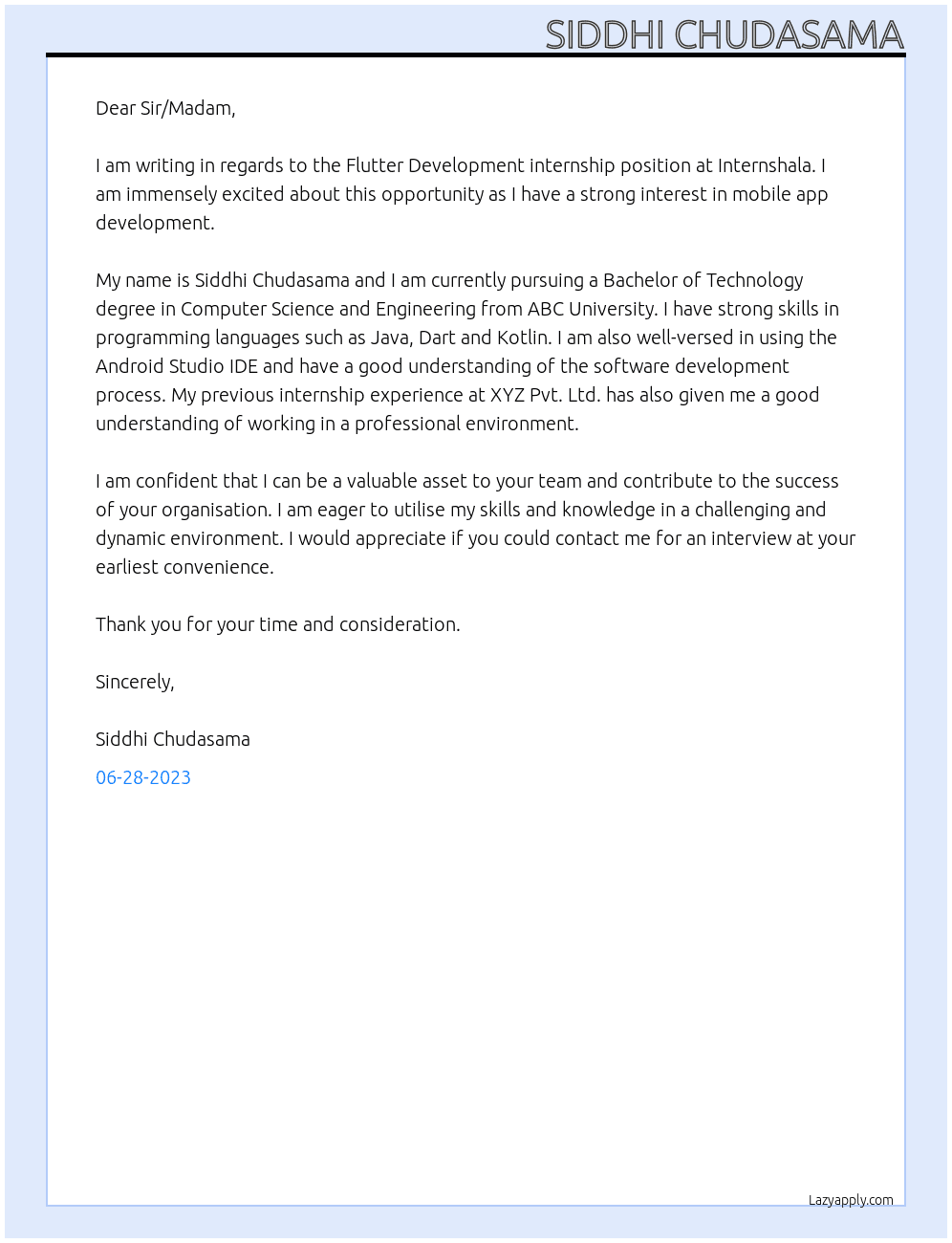 Flutter Development internship At INTERNSHALA Cover Letter