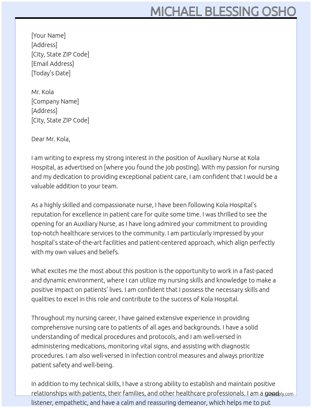 Auxiliary Nurse  At Kola Hospital Cover Letter