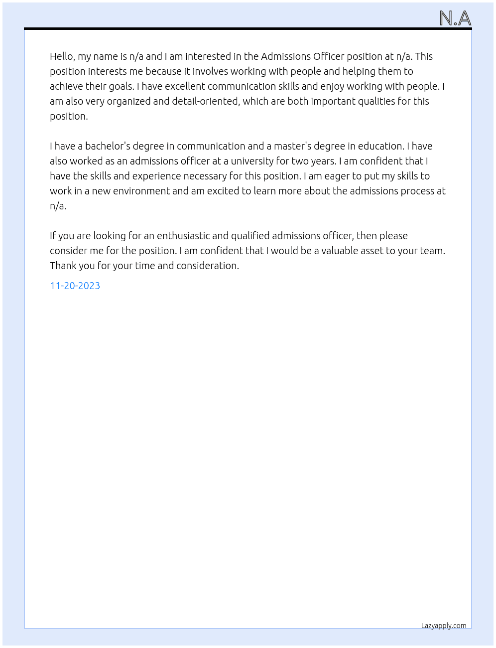 Admissions Officer At n/a Cover Letter