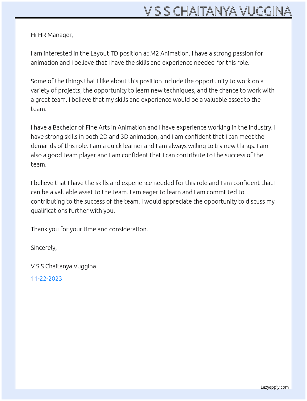 Layout TD At M2 Animation Cover Letter