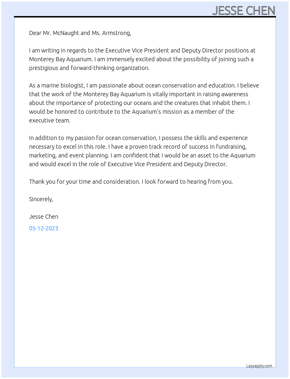 Executive Vice President and Deputy Director At Monterey Bay Aquarium Cover Letter