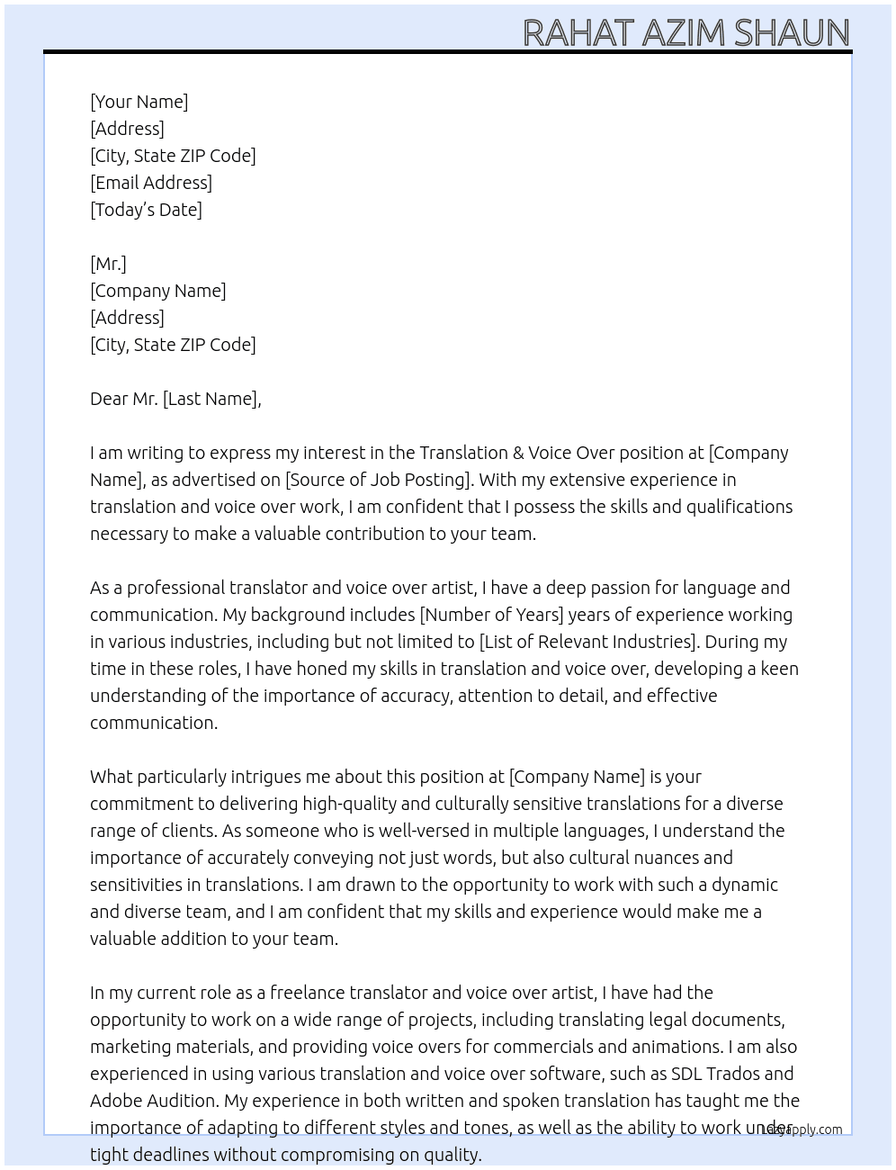 Translation & voice over At Mr.  Cover Letter