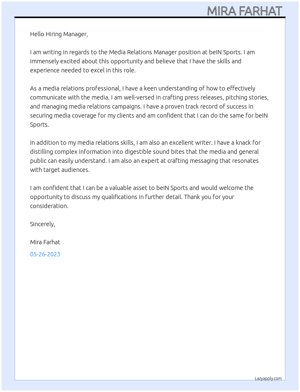 Media Relations Manager At beIN Sports  Cover Letter