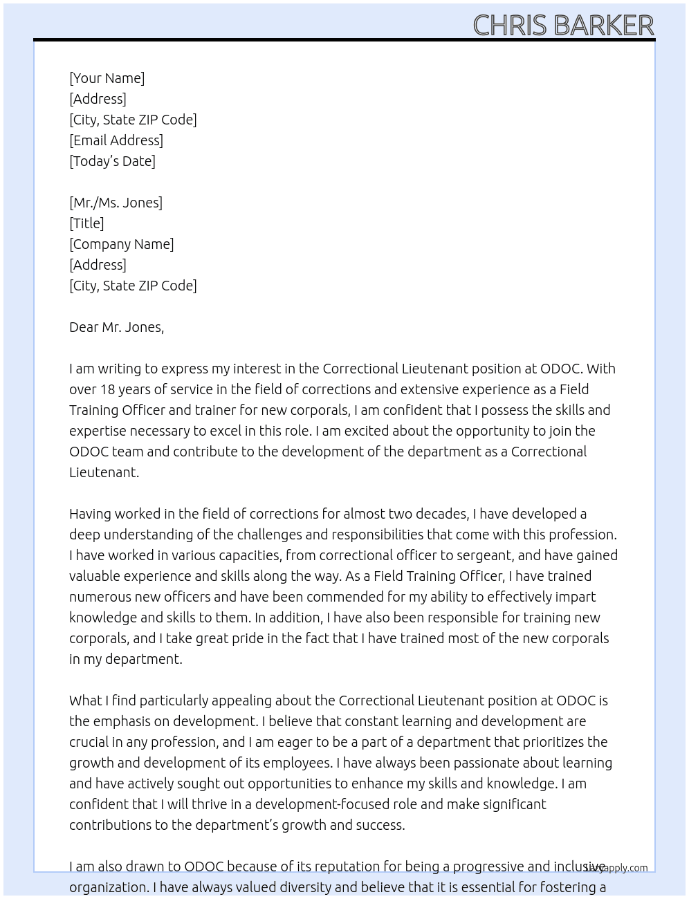 Correctional lieutenant  At ODOC  Cover Letter