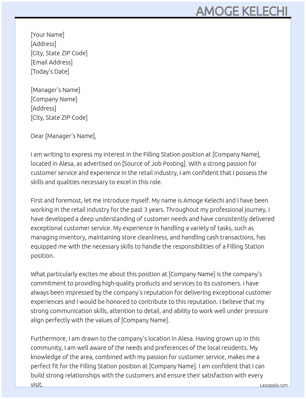 Cover letter for filling station - LazyApply