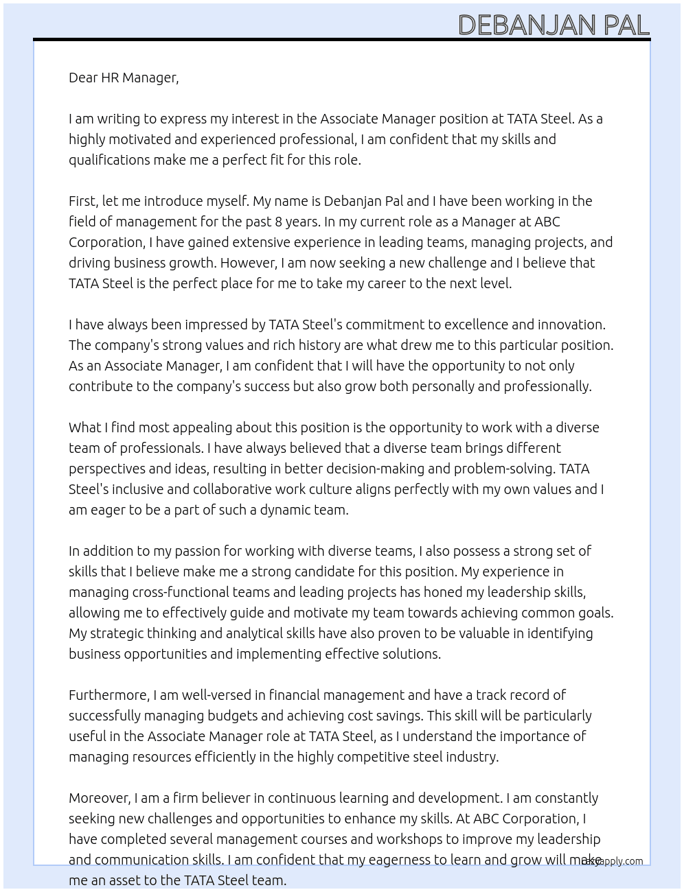 Associate Manager  At TATA Steel Cover Letter