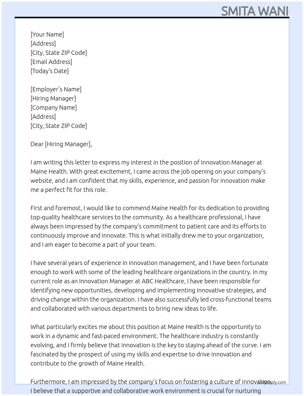 Innovation Manager At maine health Cover Letter
