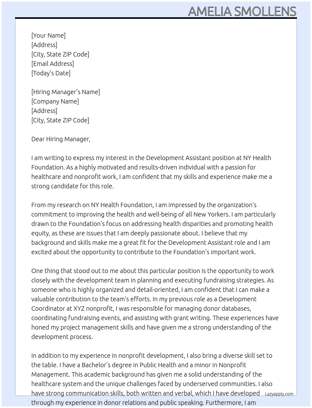 Development Assistant At NY Health Foundation Cover Letter