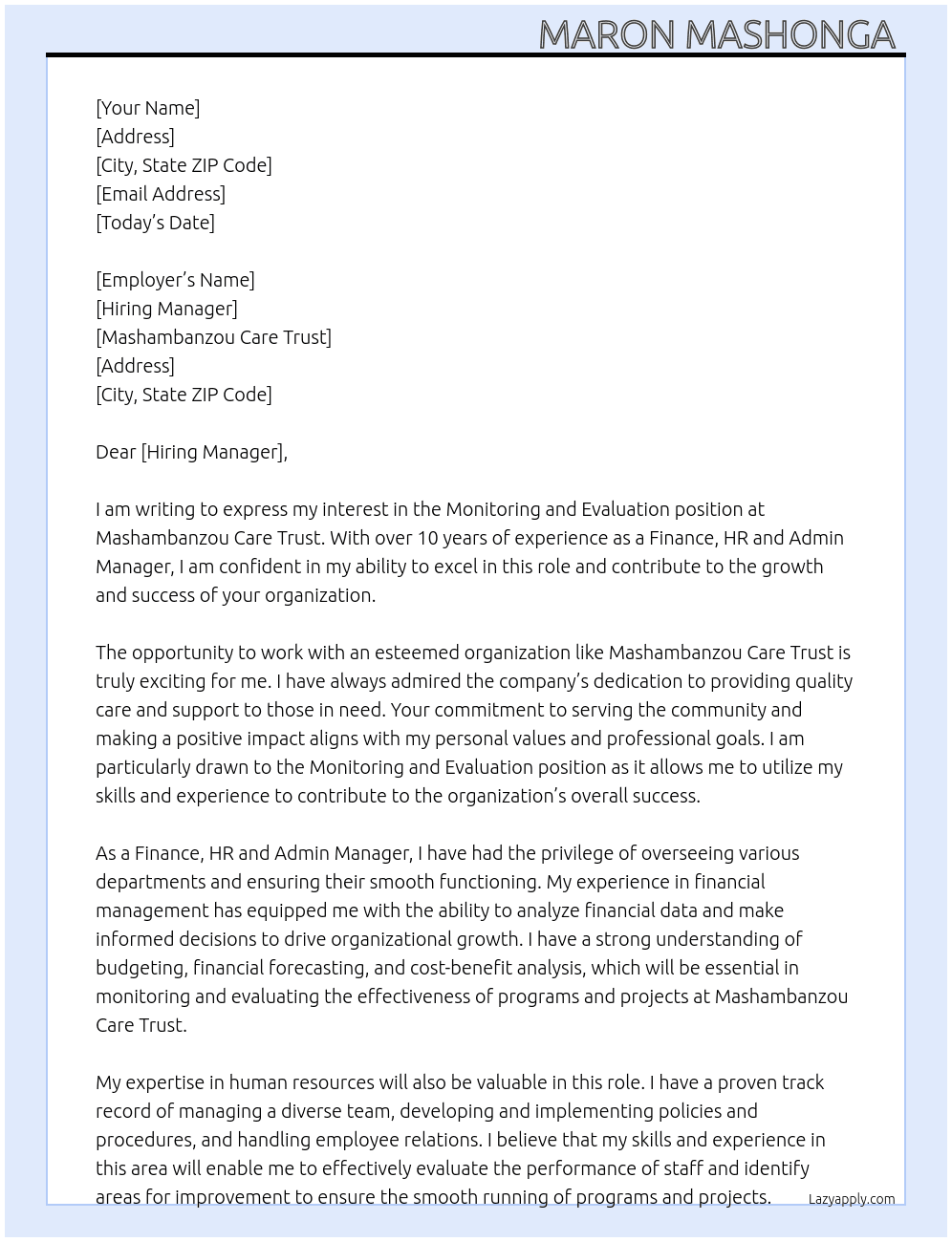 Monitoring and Evaluation At  Mashambanzou Care Trust Cover Letter