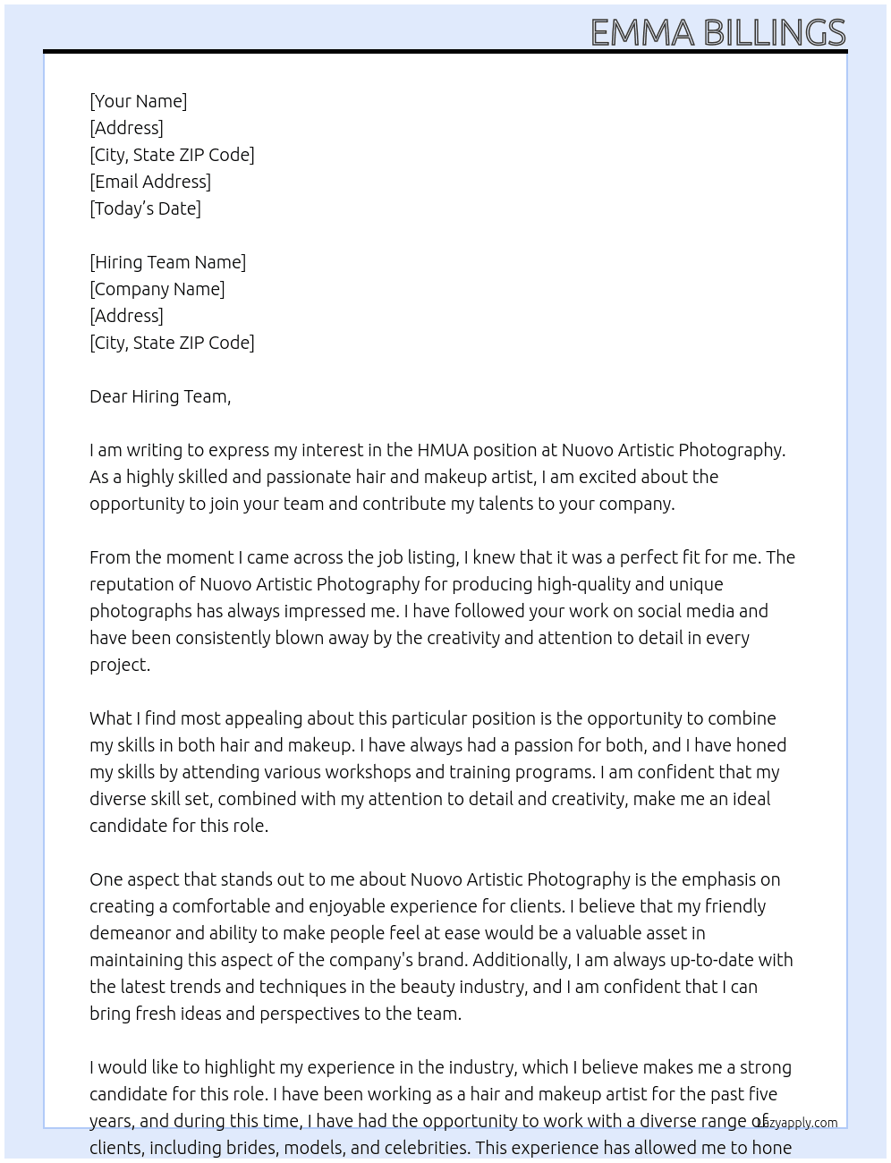 HMUA At Nuovo Artistic Photography Cover Letter